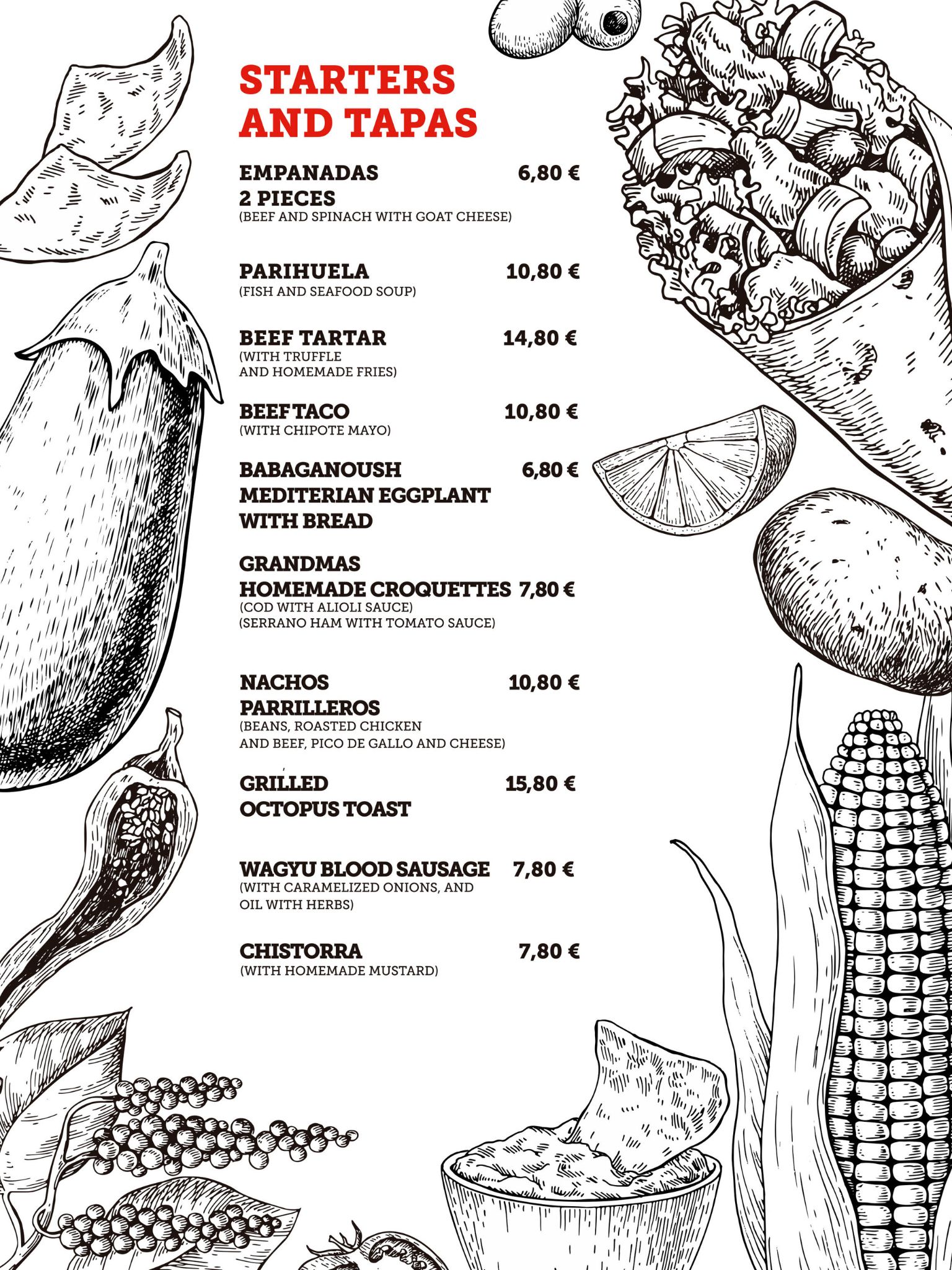 loco parrillero menu, starters and tapas